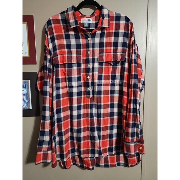 Old Navy Tops - Old Navy Plaid Flannel Boyfriend Shirt XL Tall Red Blue